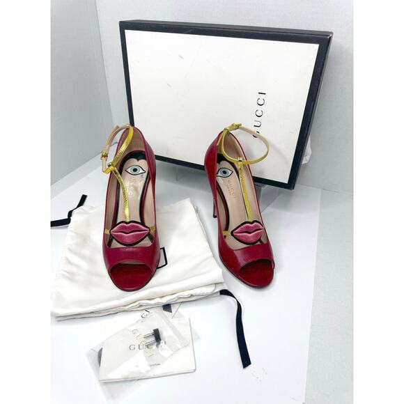 Gucci Molina Embroidered Lips T-Strap Red/Gold Leather Pumps 37.5 - Picture 5 of 11